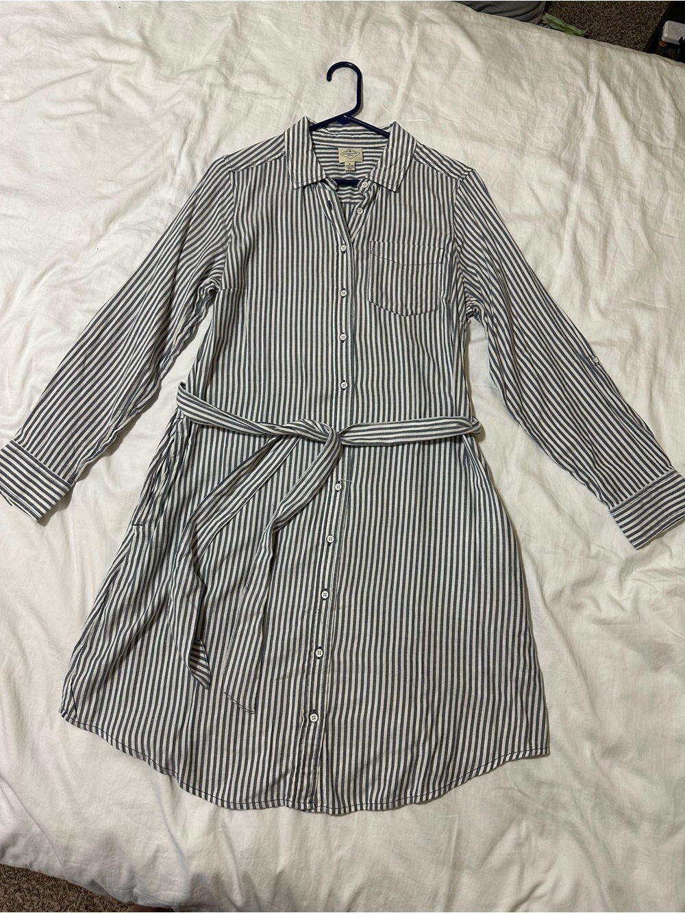 St. John's Bay Black and White Striped Button-Front Shirt Dress with Waist Tie